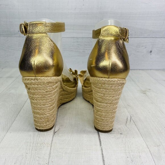 Michael Kors BELLA Gold Metallic Leather Ruffle Jute Platforms Sandals Sz 9 M 39 - Picture 6 of 12